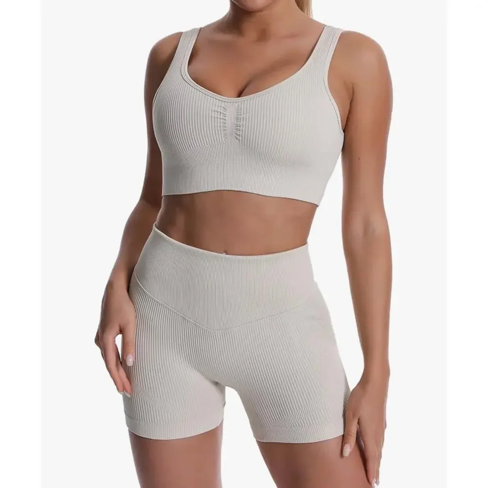 Jojoans Ribbed Sports Bra & Biker Shorts 2 Piece Gym Workout Set Ivory Sz L NWOT